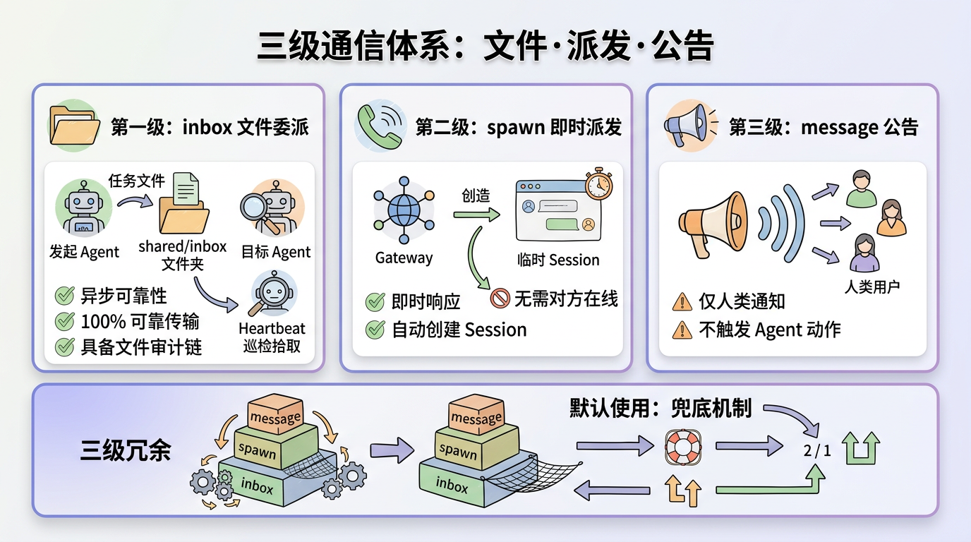 三级通信体系:inbox 文件委派·spawn 即时派发·message 公告