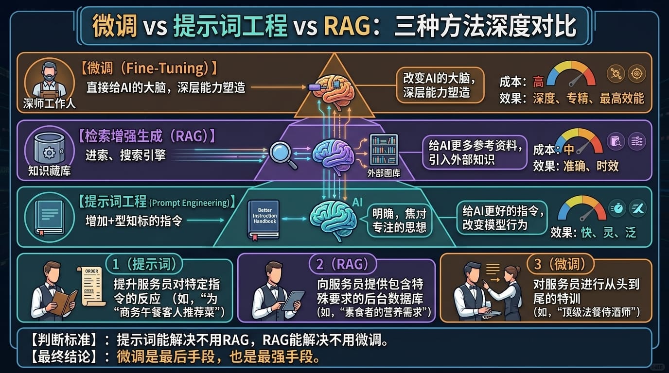 微调 vs 提示词工程 vs RAG 三种方法对比