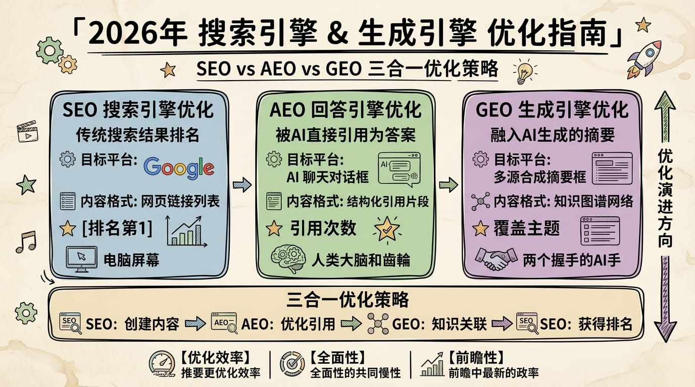 SEO vs AEO vs GEO 三位一体优化