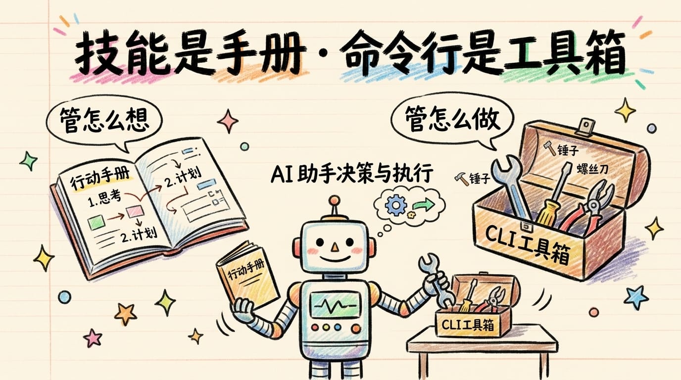 笔记本涂鸦插画：左边行动手册 Skill 管怎么想，右边工具箱 CLI 管用什么做，机器人同时使用两者