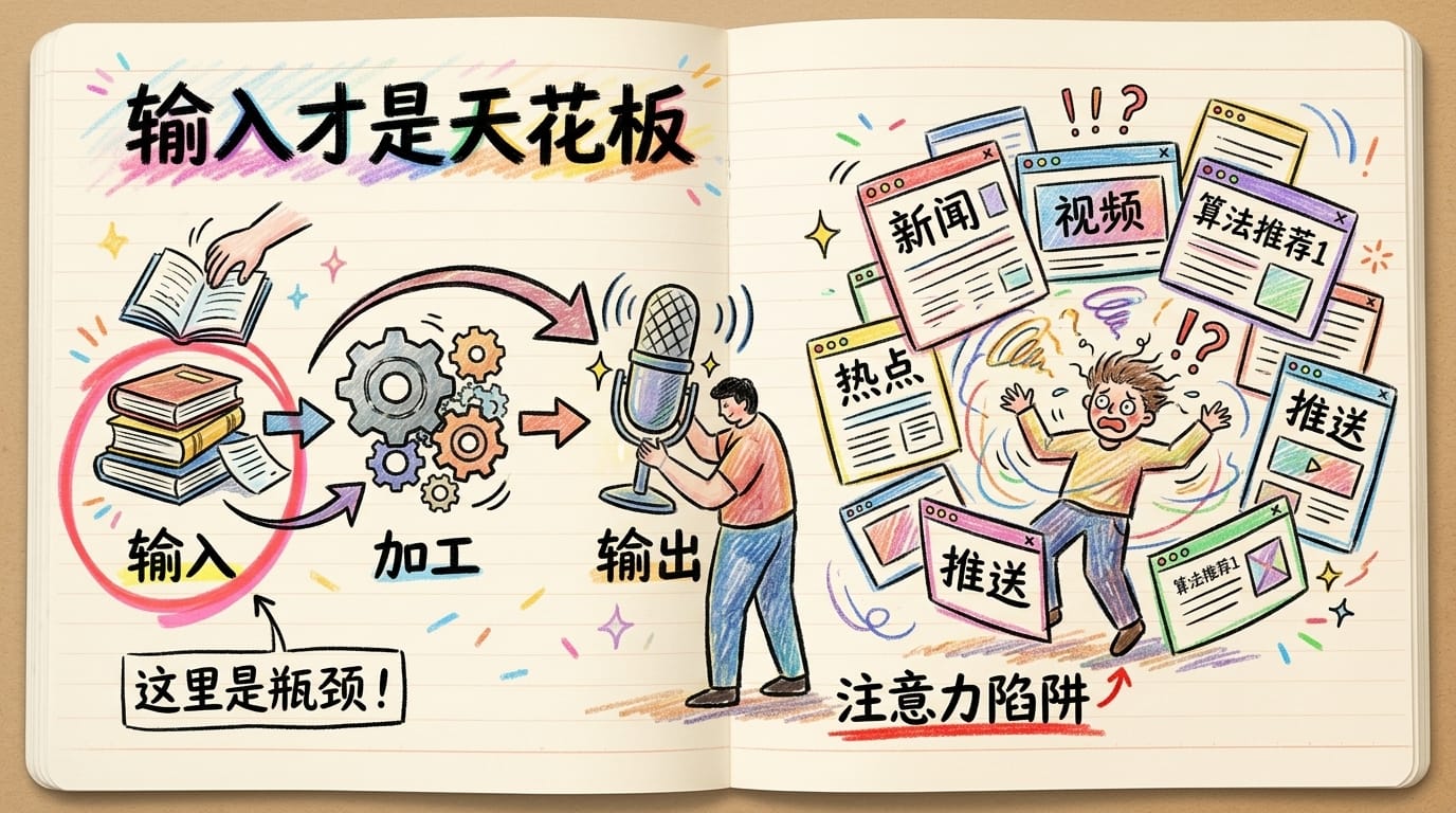 笔记本涂鸦风格插画：输入加工输出三动作流水线，输入步骤被红色荧光笔圈出标记为瓶颈