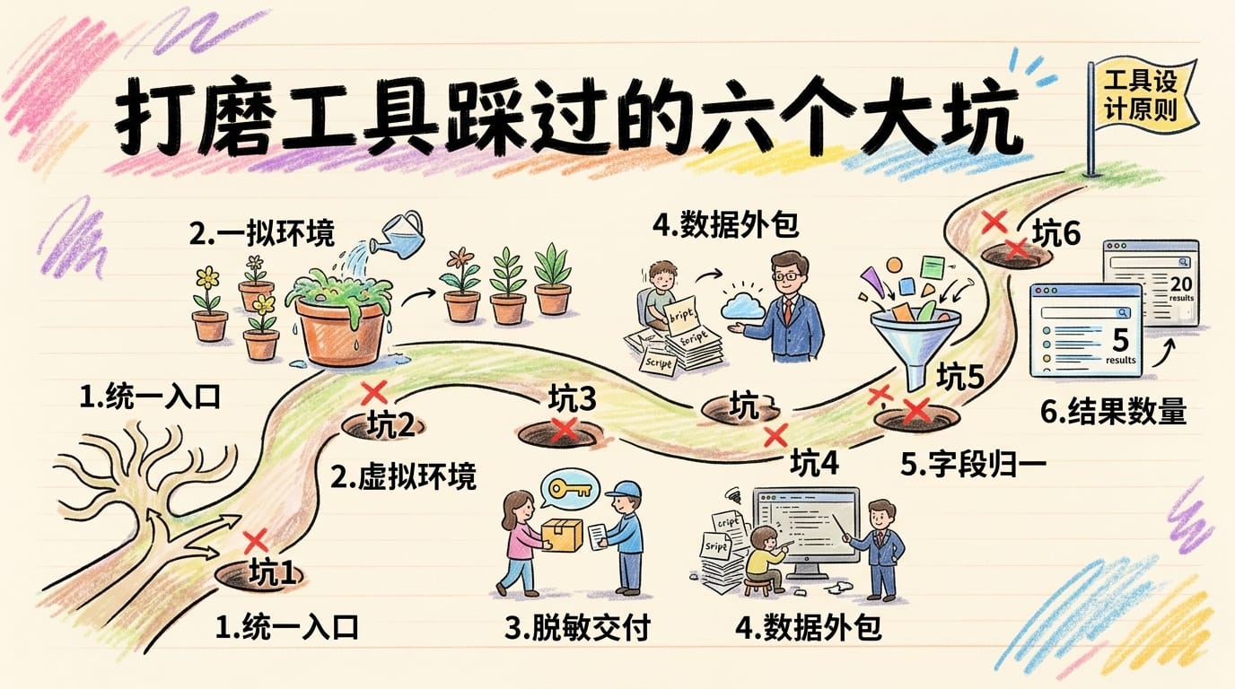 笔记本涂鸦插画：登山小路上六个踩坑标记，每个坑对应一条工具设计教训