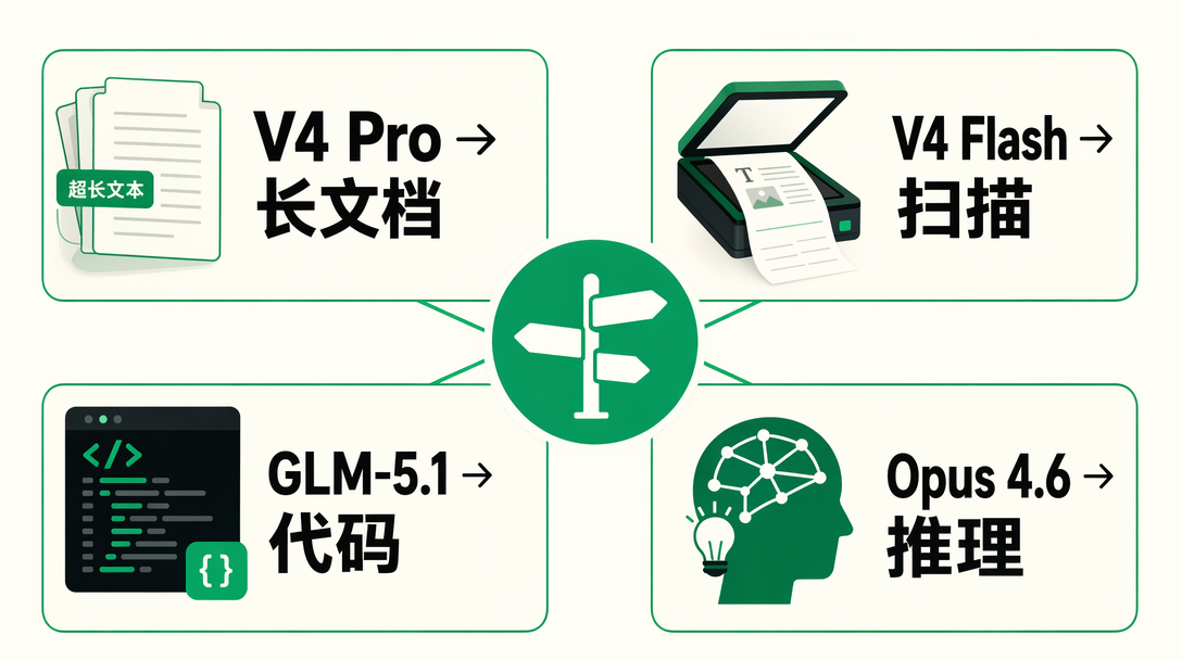 Model routing table V4 Pro for long docs V4 Flash for scanning GLM-5.1 for code Opus for reasoning