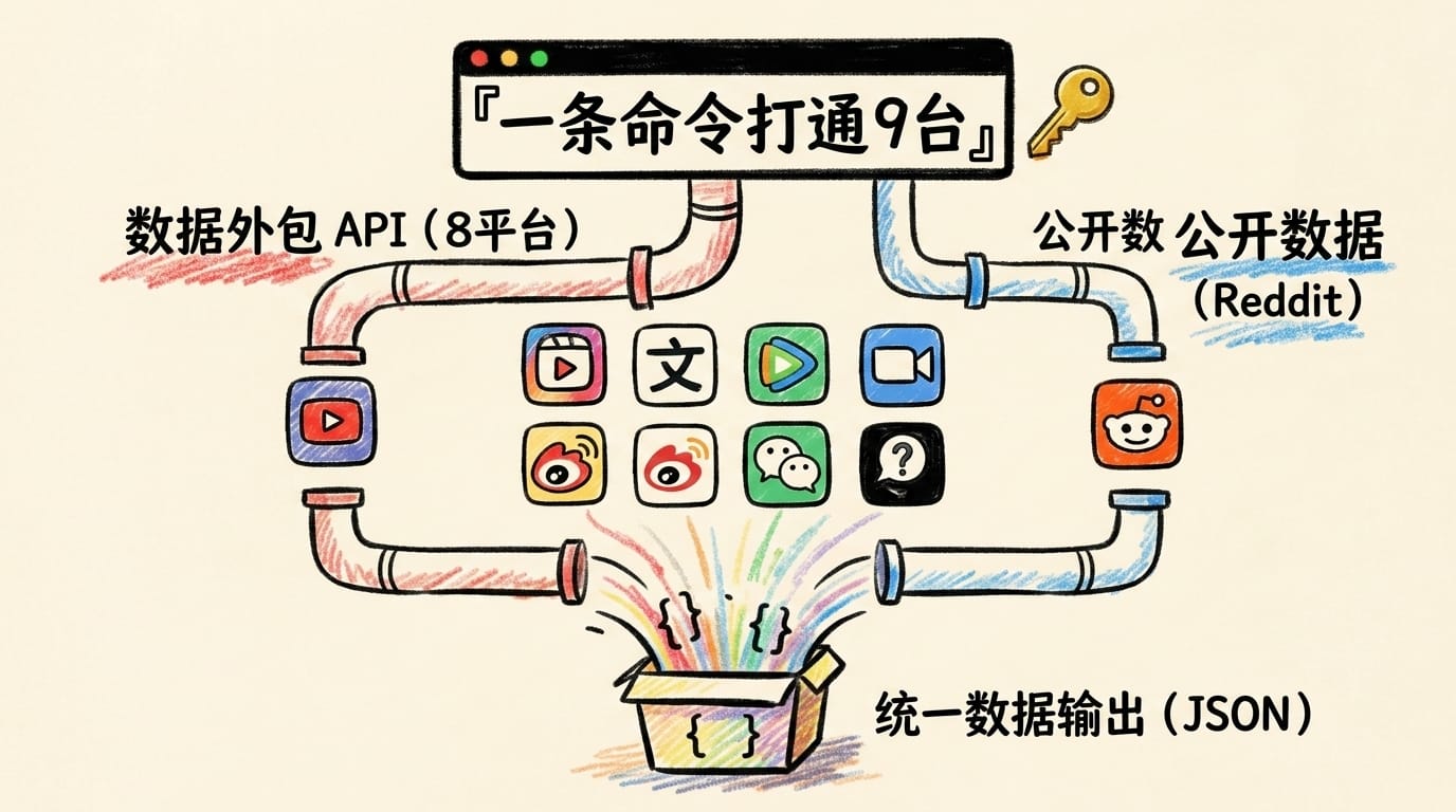 笔记本涂鸦插画：一条命令分叉到两个后端再到九个平台图标，最终汇流为 JSON 结果