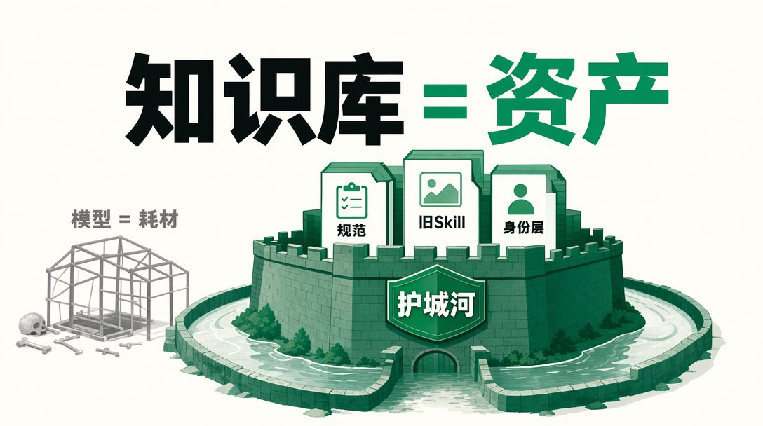 Knowledge as a moat illustration: models are consumables, the knowledge base is the durable asset