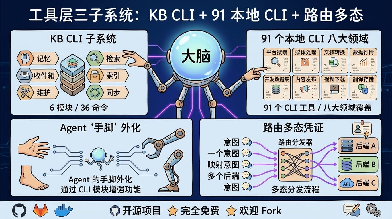 工具层三子系统:KB CLI + 91 本地 CLI + 路由多态
