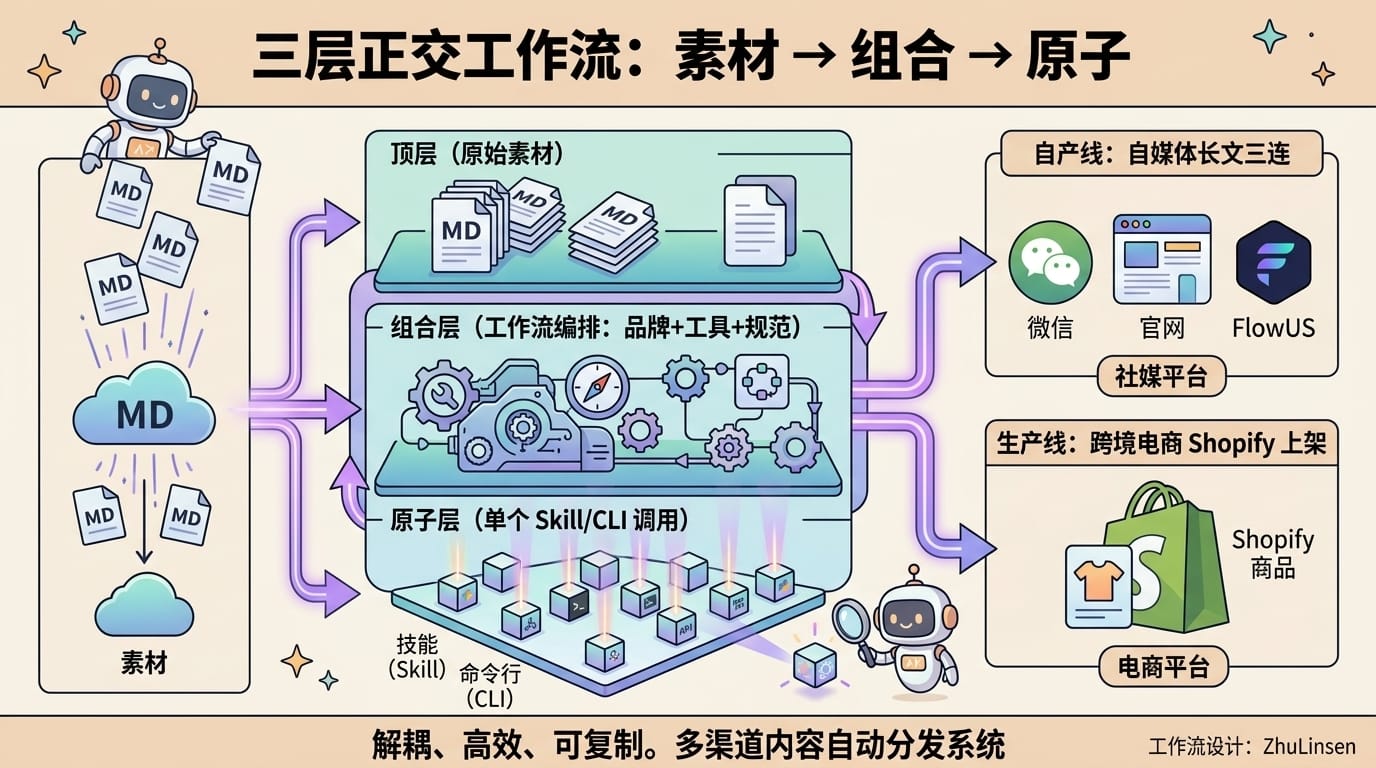 三层正交工作流:素材 → 组合 → 原子 → 自媒体三连 + Shopify 上架